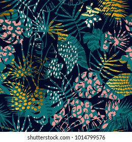 Trendy seamless exotic pattern with tropical plants and animal prints. Vector illustration. Modern abstract design for paper, wallpaper, cover, fabric, Interior decor and other users