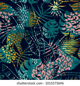 Trendy seamless exotic pattern with tropical plants and animal prints. Vector illustration. Modern abstract design for paper, wallpaper, cover, fabric, Interior decor and other users