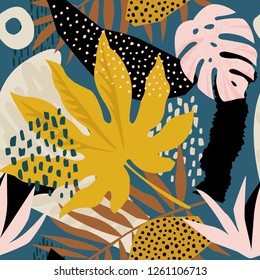 Trendy seamless exotic pattern with tropical plants and animal prints. Vector illustration. Modern abstract design for paper, wallpaper, cover, fabric, Interior decor and other users