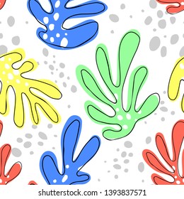 Trendy seamless exotic pattern with tropical plants. Seamless texture with palm leaves. Backdrop with houseplants. Multicolor stylized leaves. Botanical wrapping paper, fabric, background design. 