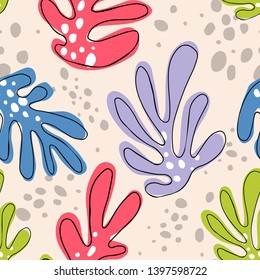 Trendy seamless exotic pattern with tropical plants. Seamless texture with palm leaves. Backdrop with houseplants. Multicolor stylized leaves. Botanical wrapping paper, fabric, background design. 