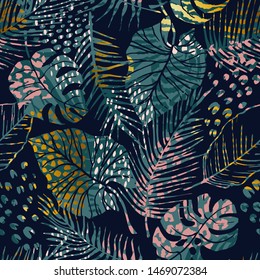 Trendy Seamless Exotic Pattern With Tropical Plants, Animal Prints And Hand Drawn Textures. Vector Illustration. Modern Abstract Design For Paper, Wallpaper, Cover, Fabric, Interior Decor