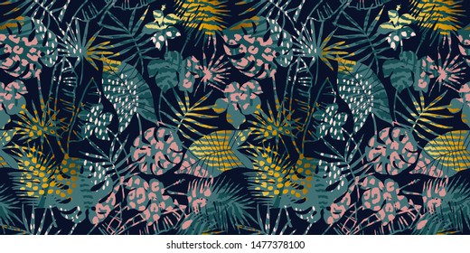 Trendy seamless exotic pattern with tropical plants, animal prints and hand drawn textures. Vector illustration. Modern abstract design for paper, wallpaper, cover, fabric, Interior decor.