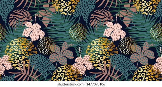 Trendy seamless exotic pattern with tropical plants, animal prints and hand drawn textures. Vector illustration. Modern abstract design for paper, wallpaper, cover, fabric, Interior decor.