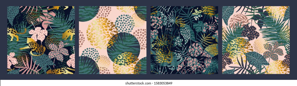 Trendy seamless exotic patterns with palm, animal prints and hand drawn textures. Vector illustration. Modern abstract design for paper, wallpaper, cover, fabric, Interior decor and other users.