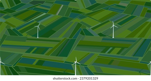 Trendy Seamless Flat Abstract Green Field With Wind Turbines Vector Illustration Background Template