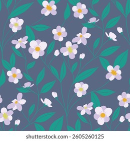 Trendy seamless floral cherry blossom endless pattern. Fabric design with simple flowers. Vector cute repeated pattern for baby fabric, wallpaper or wrap paper
