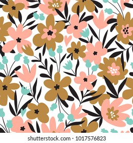 Trendy seamless floral ditsy pattern. Fabric design with simple flowers. Vector cute repeated pattern for baby fabric, wallpaper or wrap paper.