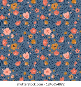 Trendy seamless floral ditsy pattern. Fabric design with simple flowers. Vector cute repeated pattern for fabric, wallpaper or wrap paper.