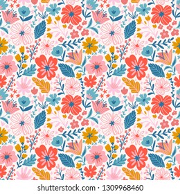 Trendy seamless floral ditsy pattern. Fabric design with simple flowers. Vector cute repeated pattern for baby fabric, wallpaper or wrap paper