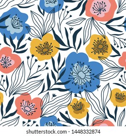 Trendy seamless floral ditsy pattern. Fabric design with simple flowers. Vector cute repeated pattern for fabric, wallpaper or wrap paper