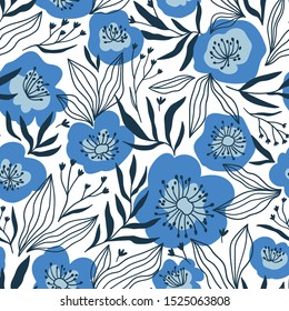 Trendy Seamless Floral Ditsy Pattern. Fabric Design With Simple Blue Flowers. Vector Cute Repeated Pattern For Fabric, Wallpaper Or Wrap Paper