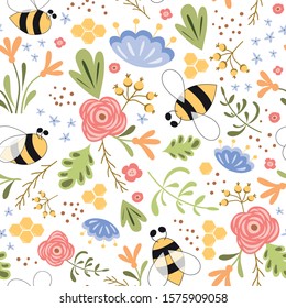 Trendy seamless floral ditsy pattern. Fabric design with simple flowers. Cute hand drawn spring summer flower bees honey Bright repeated pattern fabric cloth wallpaper wrap paper. Vector illustration.