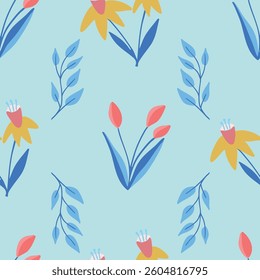 Trendy seamless floral ditsy pattern. Fabric design with simple flowers. Vector cute repeated pattern for baby fabric, wallpaper or wrap paper