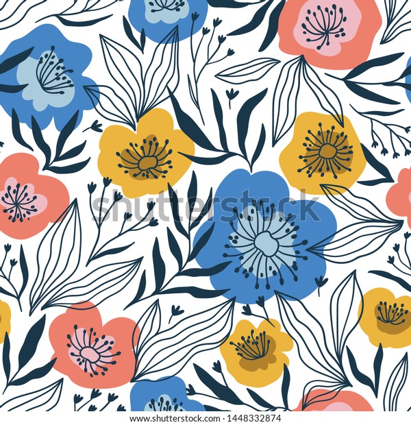 トレンディ シームレスな花柄の短い模様 花を使った布のデザイン 布地 壁紙 ラップ紙のベクター画像かわいい繰り返しパターン のベクター画像素材 ロイヤリティフリー