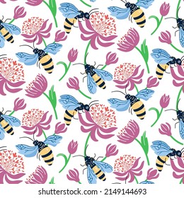 Patrón floral moderno y sin fisuras con abejas y flores rosadas. Diseño de tela con flores y abejas. Cuidados dibujos a mano miel brillante patrón repetido para tela, papel pintado y más
