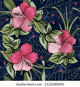 Trendy seamless floral pattern. Blooming realistic isolated flowers. Hand drawn. Vector illustration.