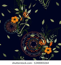 Trendy seamless floral pattern. Blooming realistic isolated flowers. Hand drawn. Vector illustration.