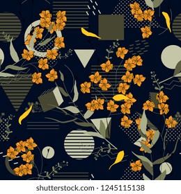 Trendy seamless floral pattern. Blooming realistic isolated flowers. Hand drawn. Vector illustration.