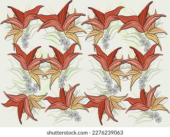 Trendy seamless floral pattern. Blooming realistic isolated flowers. Hand drawn. Vector illustration.