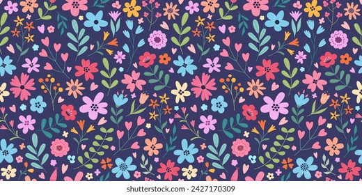 Trendy seamless floral pattern in blue background. Fabric design with simple spring summer flowers and hearts. Romantic print. Vector pattern for fabric, wallpaper or wrap paper.