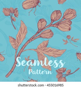 Trendy seamless floral pattern with buds, leaves and bugs on blue background. Vector illustration