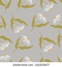 Trendy seamless floral pattern with daisies. A hand-drawn modern illustration of large flowers with white leaves on a solid color. Fabric, web, app, stationery.