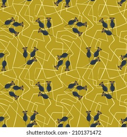 Patrón floral sin fisuras de moda. Impresión decorativa. Flores azules abstractas, líneas blancas en un fondo amarillo. Diseño elegante para la decoración, cubierta, papel pintado, empaque, tela. Ilustración del vector