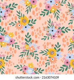 Trendy seamless floral pattern. Endless print made of different bouquets of flowers on an orange background. Summer and spring motifs. Vector illustration.