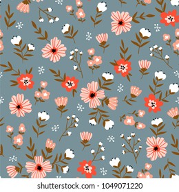 Trendy seamless floral  pattern. Fabric design with simple flowers. Vector cute repeated ditsy pattern for  fabric, wallpaper or wrap paper.