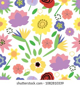 Trendy seamless floral pattern. Fabric design with simple flowers. Vector cute repeated pattern for baby fabric, wallpaper or wrap paper.