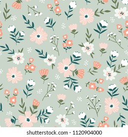 Trendy seamless floral  pattern. Fabric design with simple flowers. Vector cute repeated ditsy pattern for  fabric, wallpaper or wrap paper.