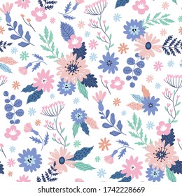 Patrón floral sin fisuras de moda. Diseño de tela con flores simples. Vector lindo patrón repetido para tela de bebé, papel pintado o papel envolvente
