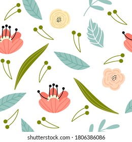 Trendy seamless floral pattern. Fabric design with simple flowers. Vector cute repeated pattern for baby fabric, wallpaper or wrapping  paper