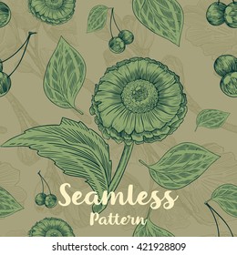 Trendy seamless floral pattern with flowers, leaves and cherry's on green background. Vector illustration