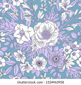 Trendy seamless floral pattern with gentle  flowers. White flowers on a light blue background. A bouquet of spring flowers for fashion prints.