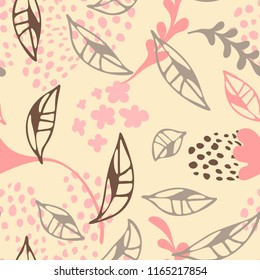 Trendy seamless floral pattern with hand texture and geometric elements. Modern plants and leaves lustration in vector