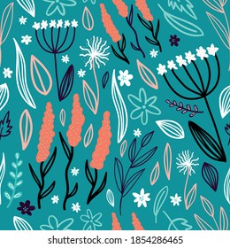 Trendy Seamless Floral Pattern in hand drawn style. Ditsy repeated textile and wallpaper background for boys and girls.