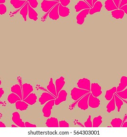 Trendy seamless floral pattern. Horizontal vector illustration with many beige and magenta hibiscus flowers and copy space (place for your text).