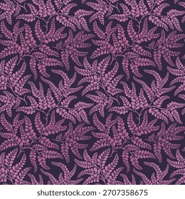 Trendy seamless floral pattern of leaves and plants. Intertwined violet branches and leaves, dark background. Vector seamless ornament print. Natural forest pattern. Cute template with leaves motif.