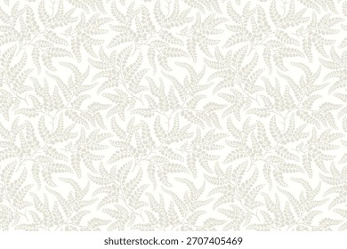 Patrón floral sin fisuras de moda de hojas y plantas. Ramas y hojas de marfil entrelazadas sobre un fondo blanco. Vector de impresión de adorno sin costuras. Patrón de bosque natural. Linda Plantilla con motivos de hojas