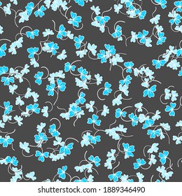 Trendy seamless floral pattern with ornament. Colorful flowers on dark background. Simple minimalistic pattern with nature elements. Vector illustration for fabric, textile, poster, invitation.