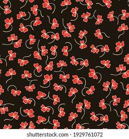 Patrón floral sin fisuras de moda con adorno. Flores coloridas sobre un fondo oscuro. Sencillo patrón minimalista con elementos naturales. Ilustración vectorial para tela, textil, afiche, invitación.