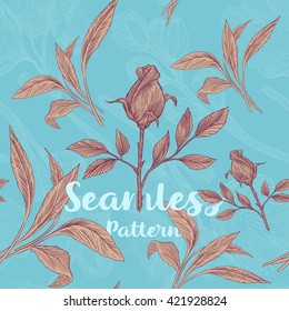 Trendy seamless floral pattern with roses and leaves on blue background for your design. Vector illustration