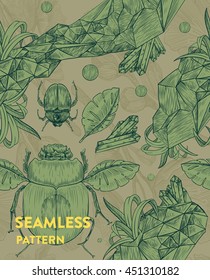Trendy seamless floral pattern with scarabs, leaves and crystals on green background. Vector illustration