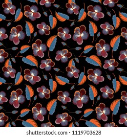 Trendy seamless floral pattern. Vector illustration with many black, brown and gray hibiscus flowers.