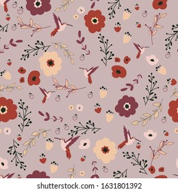 Trendy Seamless Floral Pattern In Vector with hummingbird