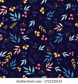 Trendy seamless floral pattern in vector. Blue pattern in vintage style on dark blue background. Perfect for textile, fashion, wrapping paper. 