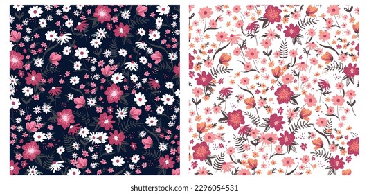 Trendy Seamless Floral Pattern in Vector. Beautiful vector floral summer seamless pattern with watercolor hand drawn field wild flowers. Stock illustration.