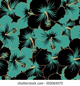 Trendy seamless floral pattern. Vector illustration with many black and blue hibiscus flowers.